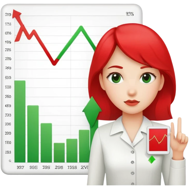 Female character displaying two small charts, green upward trending graph in right hand, red downward trending graph in left hand emoji