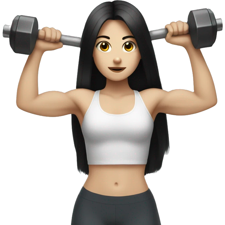 Pale girl with long black hair lifting weights emoji