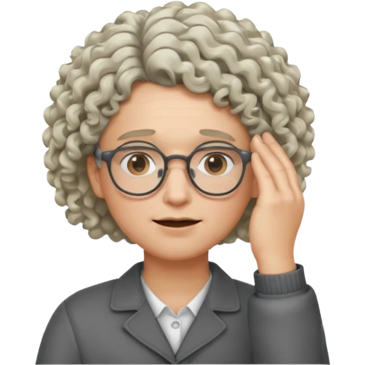 curly blonde/gray hair, glasses, one hand face palm duh emoji