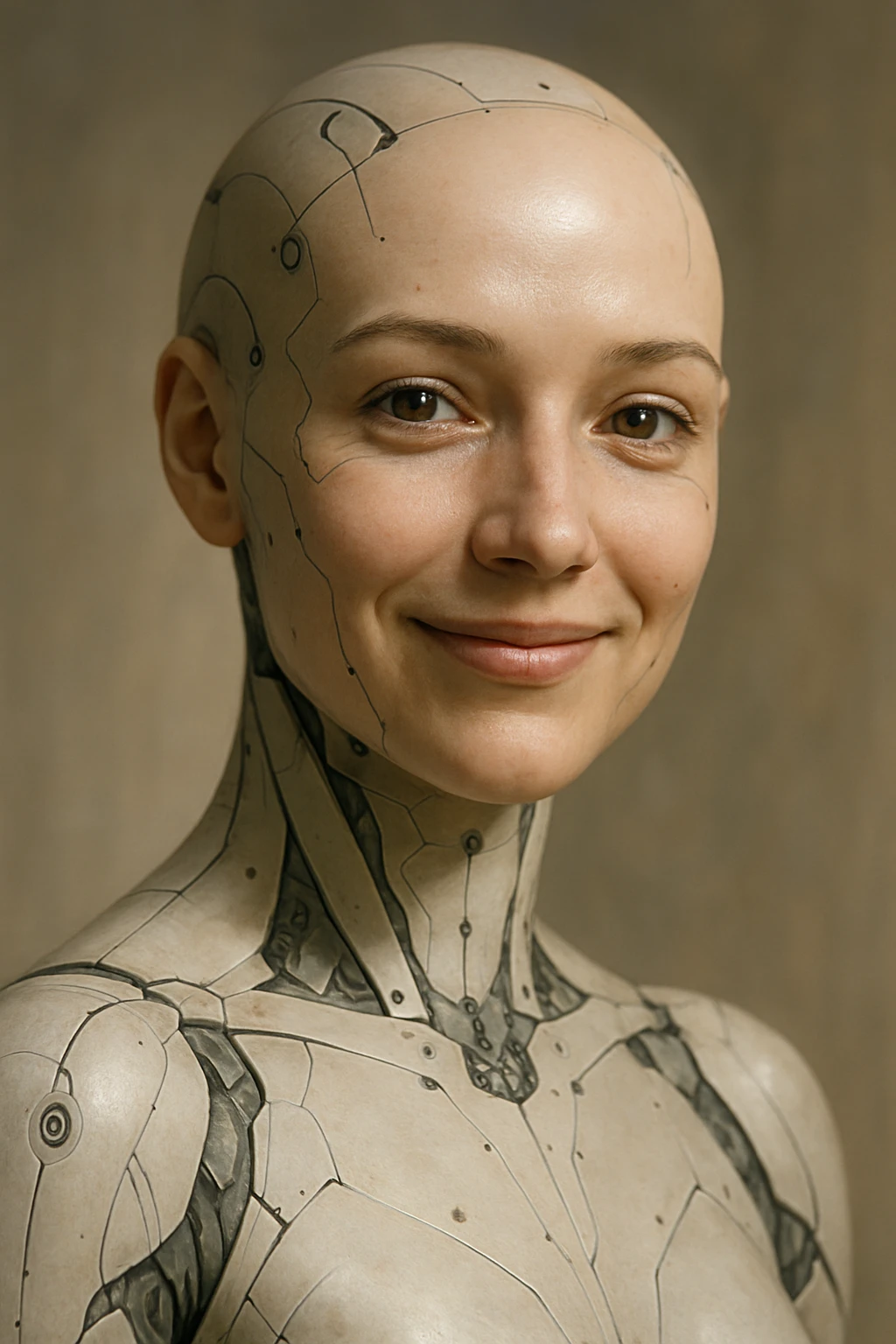 artificial intelligence, humanlike android, friendly face, subtle tech details, soft lighting emoji