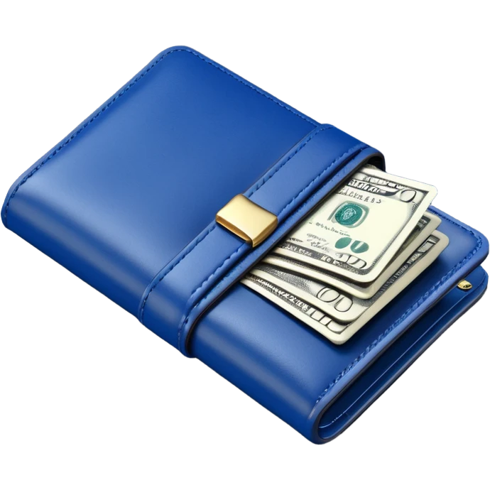Rich emoji style Deep Blue leather wallet with dollar bills, luxury money vibe, premium 3D emoji, ultra clean, high detail, no background emoji