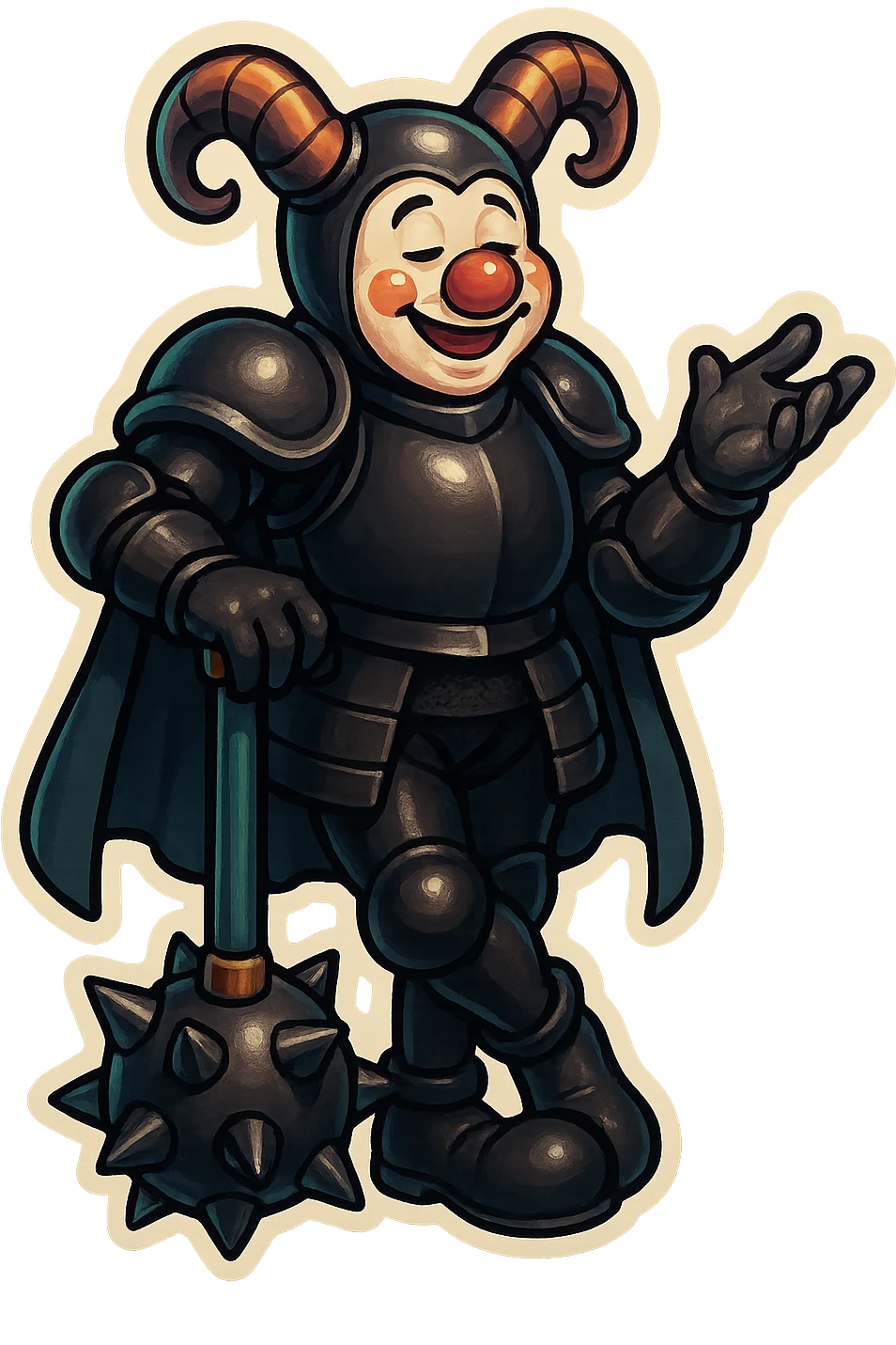 A relaxed armored clown with ram horns, glossy black on matte black armor, short cape, large black clown shoes, leaning on his oversized spiked mace with one hand, the other hand gesturing as if telling a story, eyes barely open, jovial expression, vibrant retro stickers style, no yellow aged tint, full body, transparent background emoji