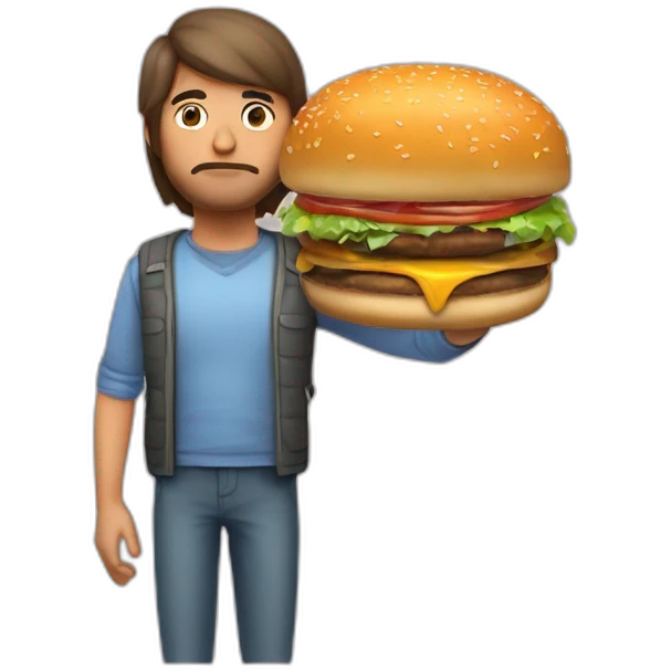 persona obesa triste con una hamburguesa en una mano y en la otra una mancuerna emoji