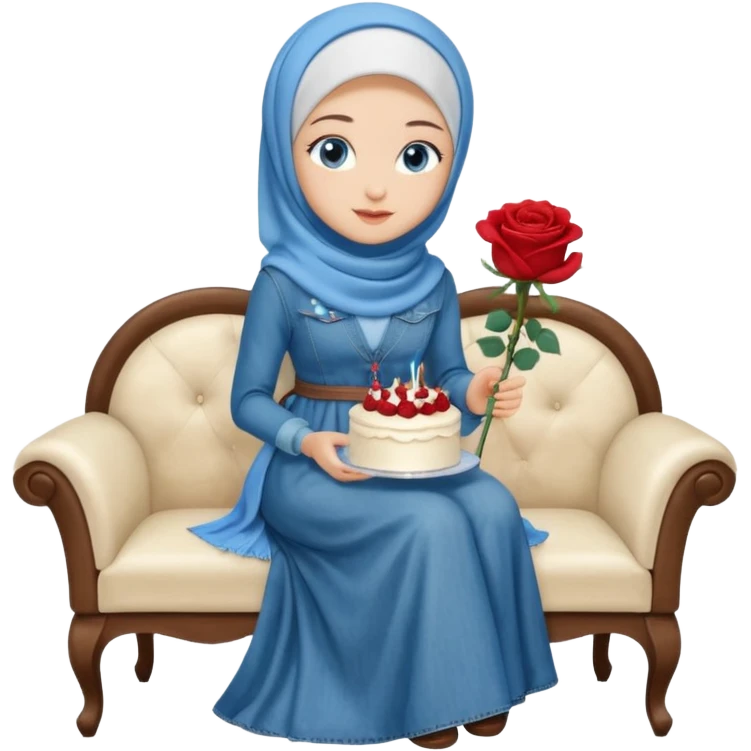 Turkish beautiful finish Konya girl blue eyes with denim hijab long tail dress and sits on the white chair and holds rose cake with her hand  emoji