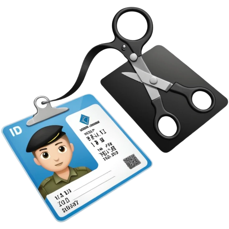 Floating black Scissors cutting in half an idf soldier ID card with a little chip in 2 parts emoji
