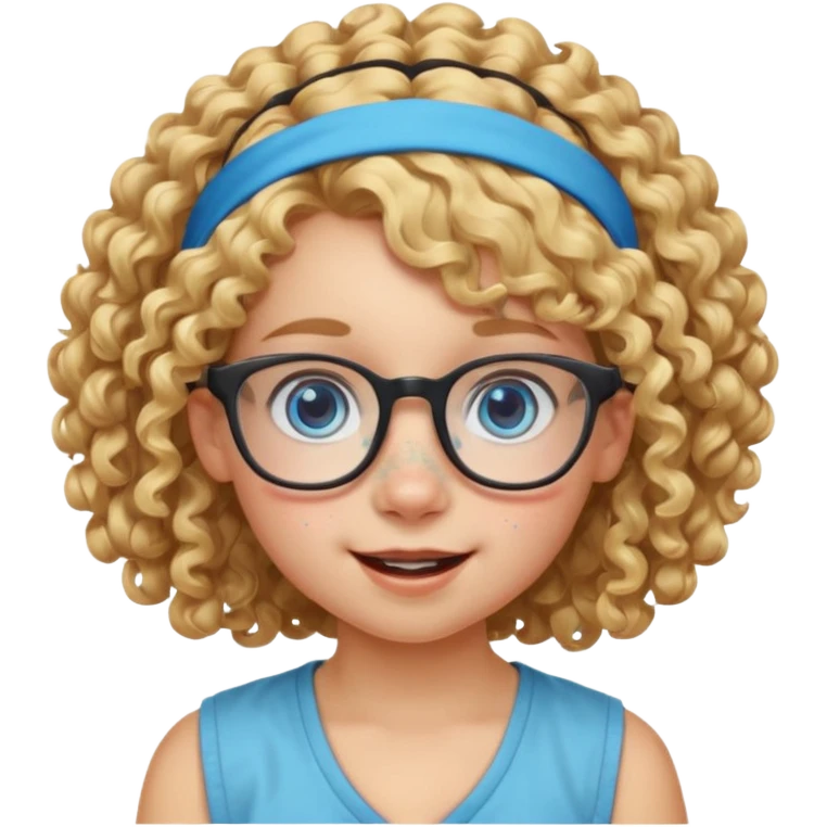 blond kid with unique face features and very curly hair kid girl happy and big glasess and big nose and very blue eyes and headband with freckles kind of nerd looking emoji
