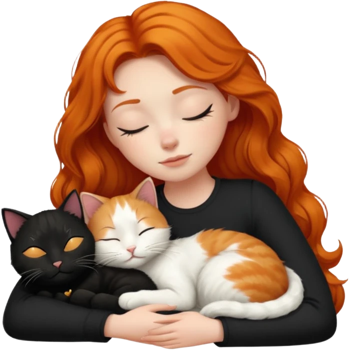 short hair Ginger Girl sleeping with a black and a white bigger cat  emoji