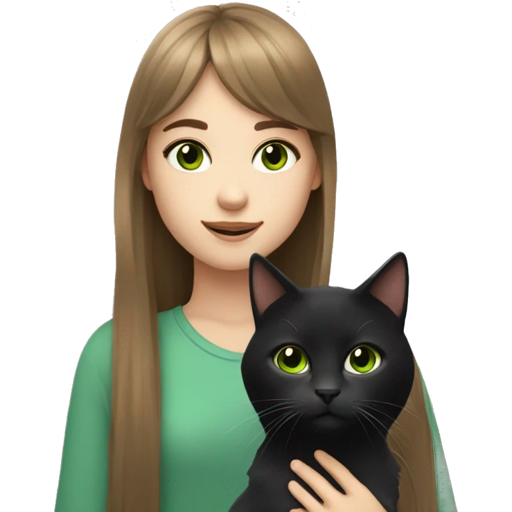 Girl with green eyes and long brown hair with bangs holding a black and white cat emoji
