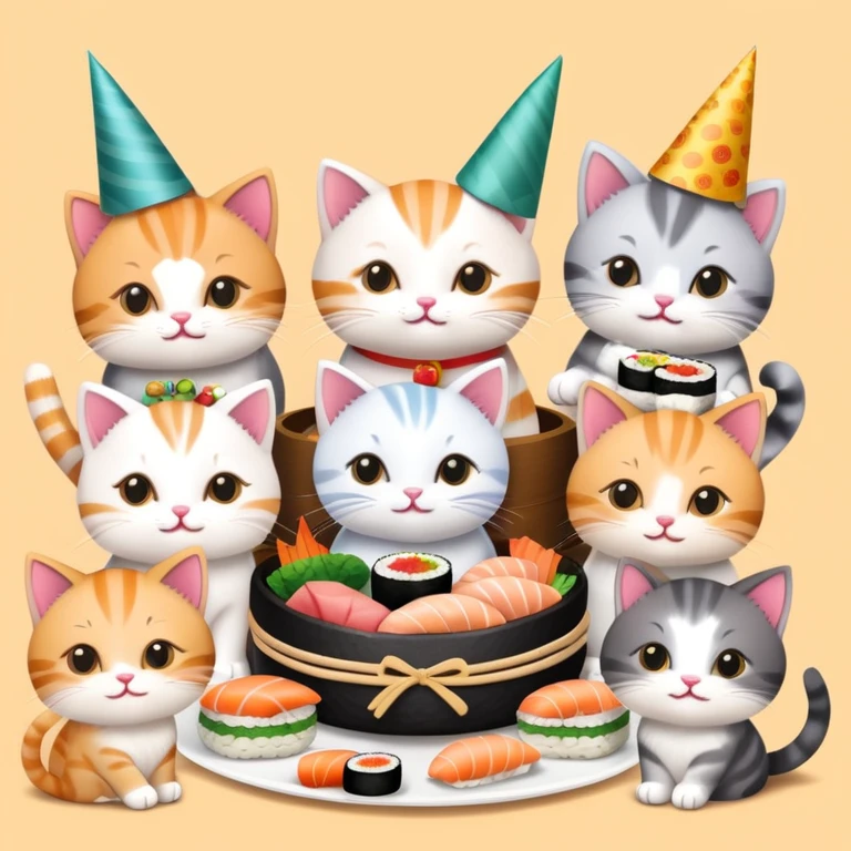 Nine kitties enjoying sushi birthday feast emoji