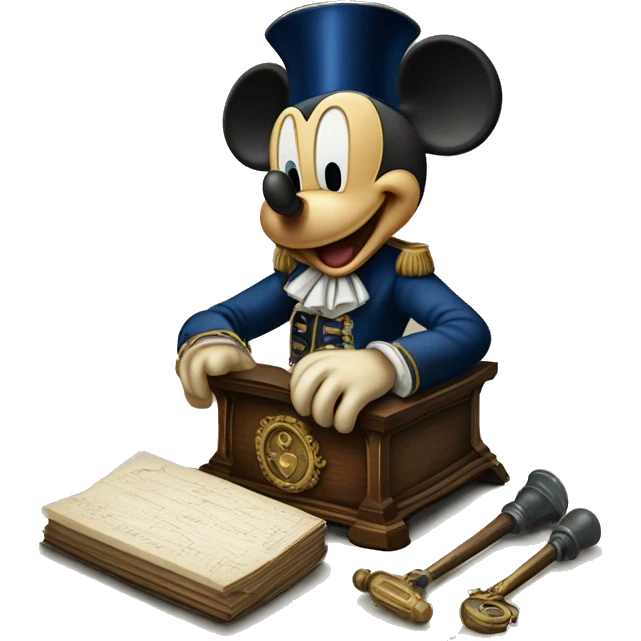 Mickey mouse next to an antique French Revolution royalty remover instrument emoji