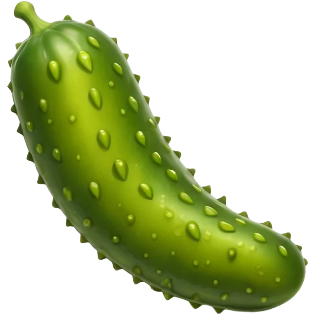 single small curved pickle, bumpy texture, vibrant green with yellowish undertones, shiny from brine, 3D, minimal, soft shadows, no jar, no fork, no other food, no anthropomorphic features, emoji scale emoji