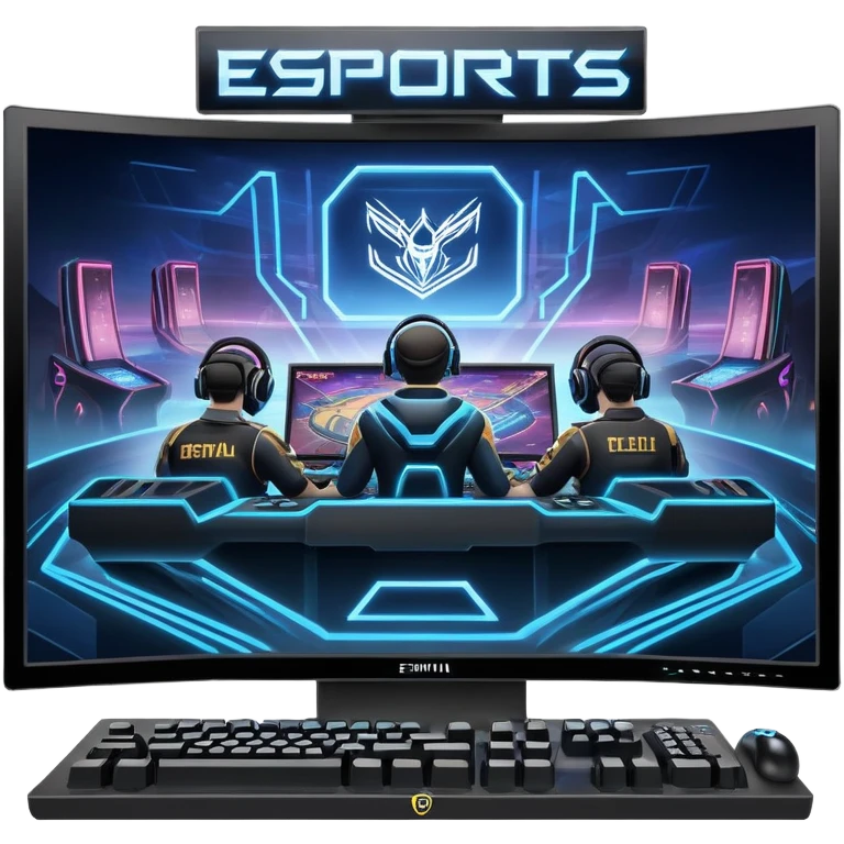 An icon featuring a gaming monitor displaying an intense esports competition, with players' hands on controllers and keyboards. A digital scoreboard and glowing energy lines surround the scene, symbolizing the excitement of competitive gaming. Transparent background highlights the world of esports. emoji