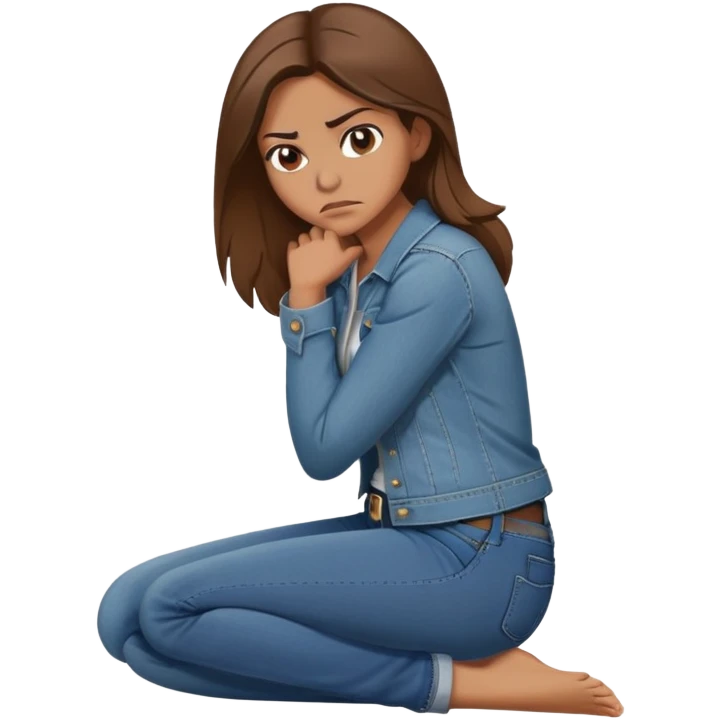 angry woman with brown hair sitting in profile on a floor hugging her knees in jeans avoiding conversation  emoji