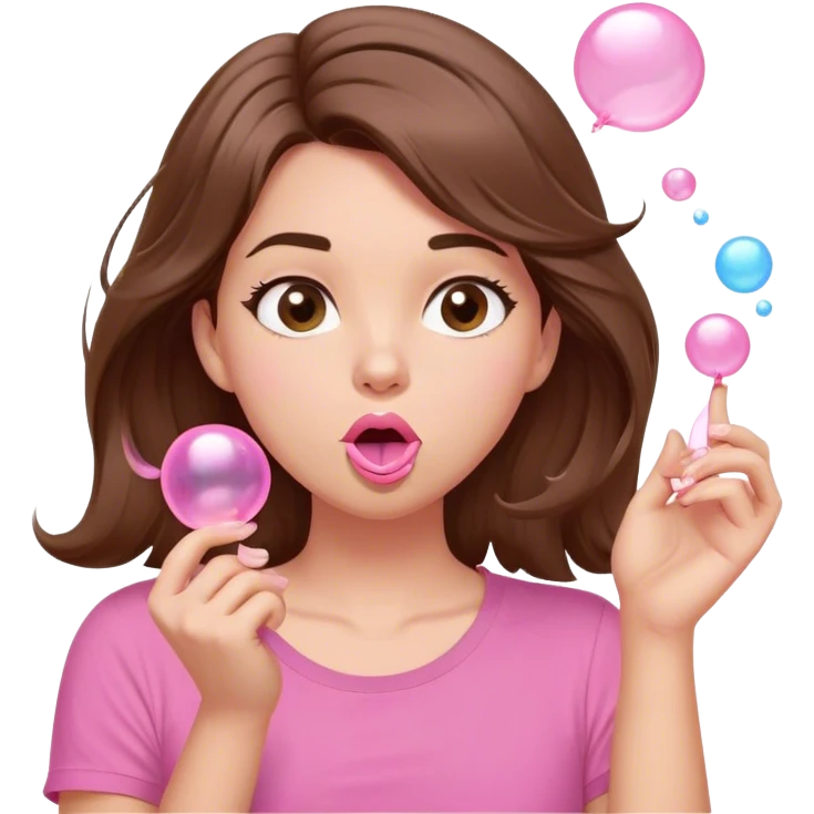 A digital illustration of a cartoon-style woman with shoulder-length brown hair, wearing a pink shirt. She is blowing a pink bubble gum bubble while playfully twirling a strand of her hair with her fingers. Her facial expression is relaxed and carefree. The background is plain white *3d emoji* emoji