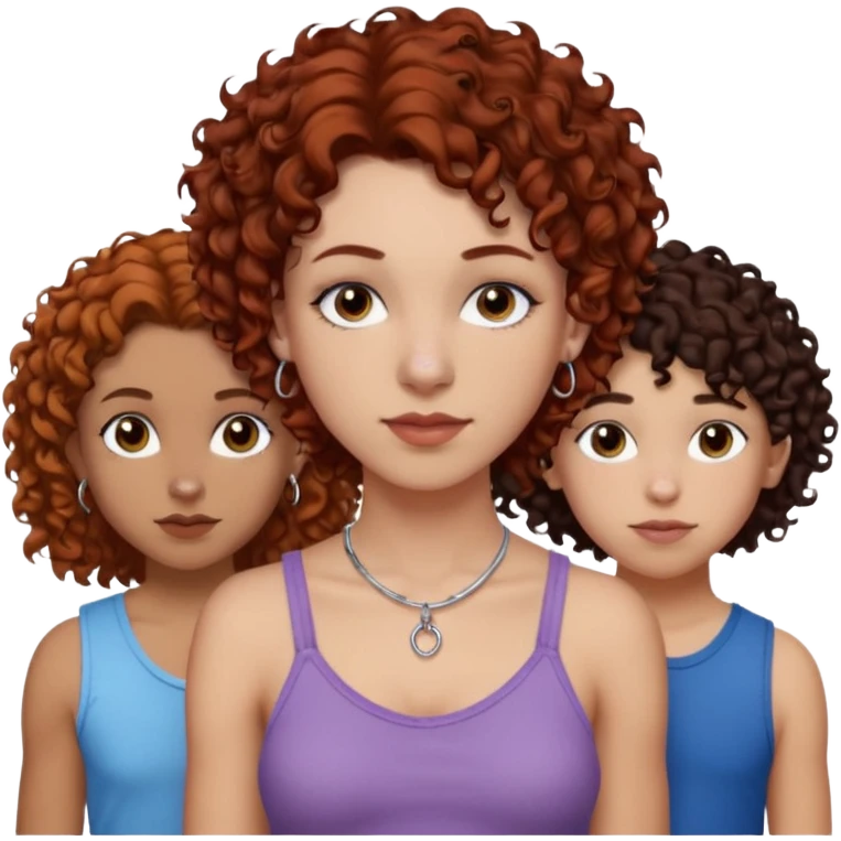 Create a family. A young hot mom. She is an alt girly with dark curly hair, an eyebrow piercing, and a nose ring. Her two teenage kids are gay girlies. One has shoulder length auburn hair and has an eyebrow ring. The other has short bleached curly hair, bleached eyebrows and a lip ring emoji