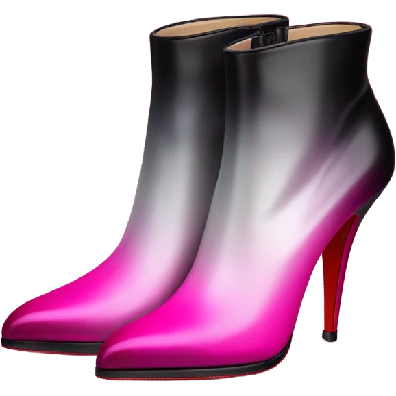 Realistic isolated top view of a pair of Louboutin Black,Silver,and Hot Pink Ombre stiletto high heel ankle bootie boots.  emoji