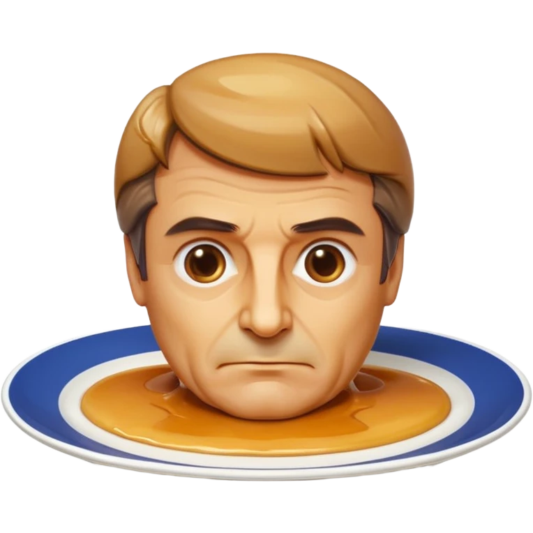 apple style emoji of François Fillon's bust with cartoonishly flan-like head and face, exaggerated creamy flan texture and color, simplified and stylized features, no realistic skin, thick glossy caramel hair dripping down, on a white plate emoji