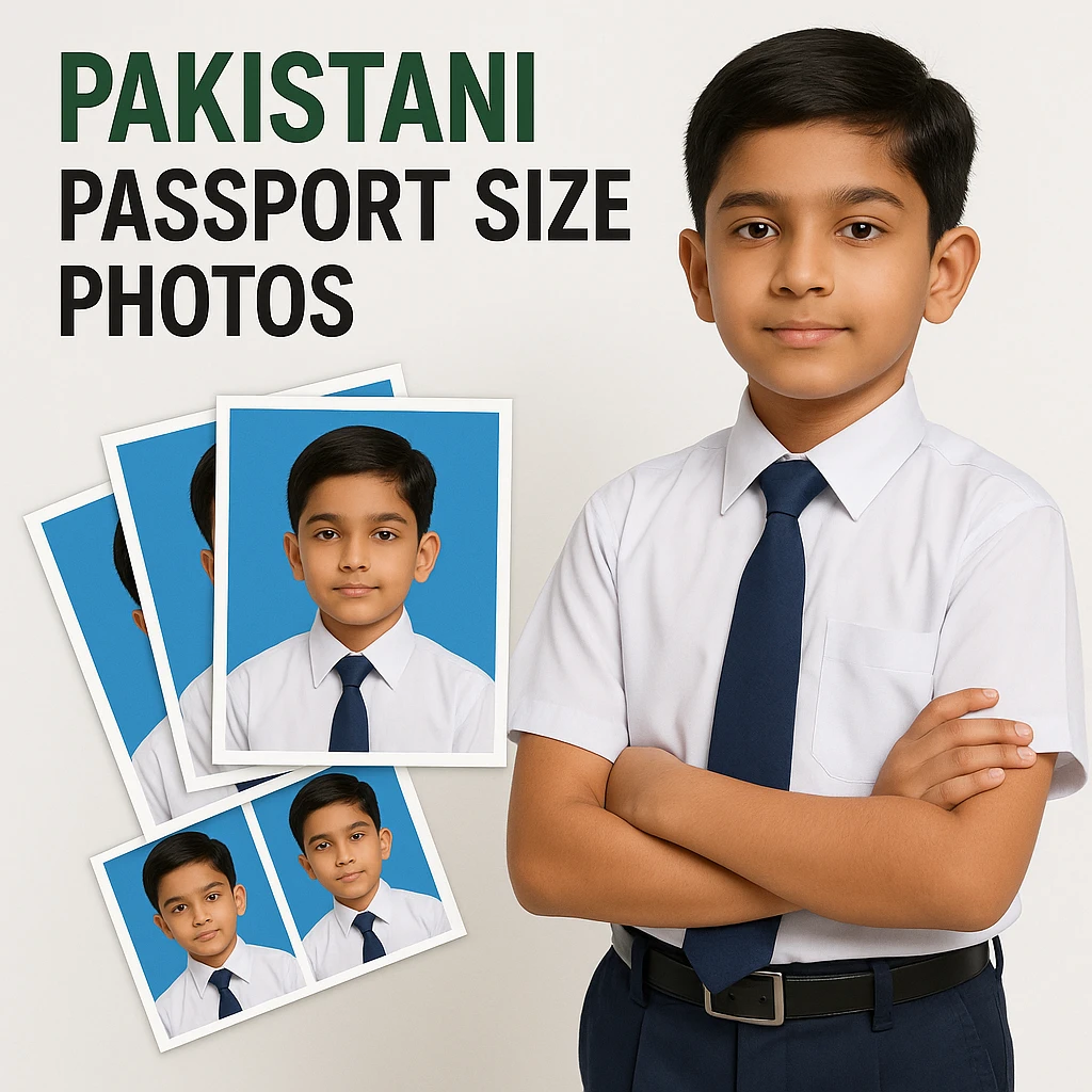 realistic thumbnail for a Pakistani passport size photo print out service, showing a Pakistani schoolboy in uniform standing next to a fan-shaped collage of his passport size photos with blue backgrounds, on a clean white background emoji