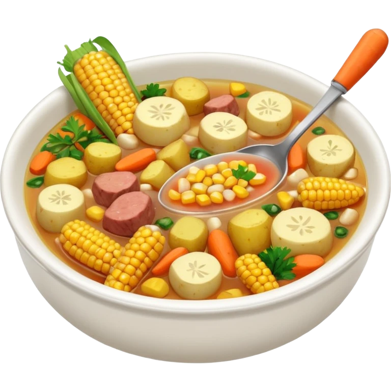 bowl of caldo de res, visible beef chunks, corn, carrots, potatoes, clear broth emoji