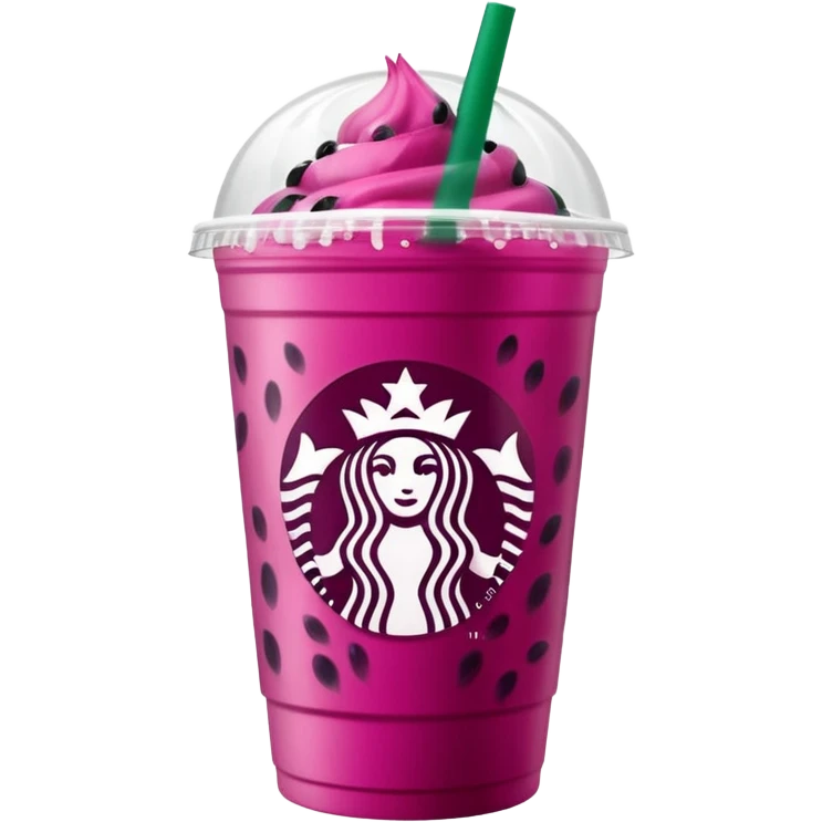 Starbucks dark pink dragonfruit refresher. white opaque lid. starbucks logo. emoji