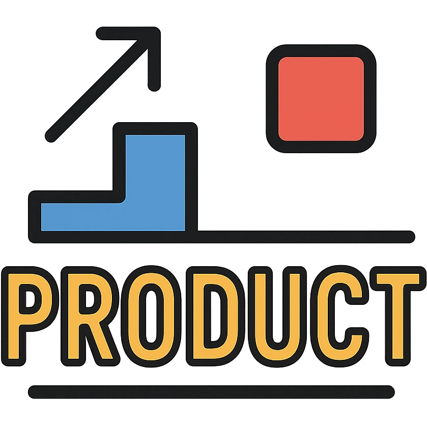 the word PRODUCT with blue and red graphic accents, flat color icon style emoji