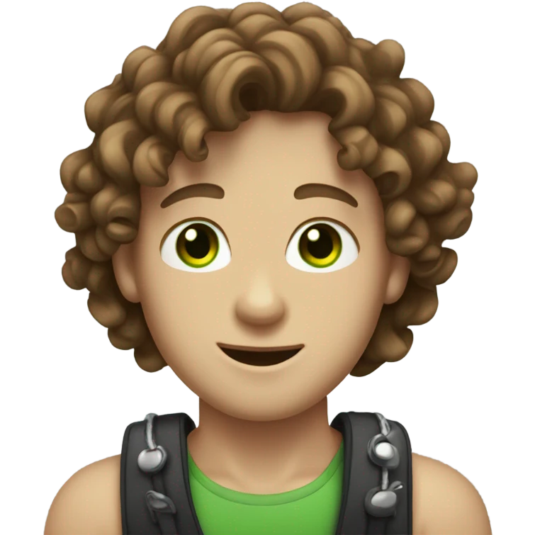 White boy with brown curly wavey hair with green eyes and a necklace and braces emoji