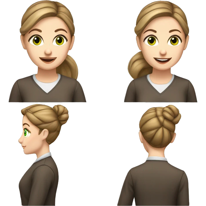 a female teacher who has green eyes brown hair and pale skin. she likes her hair in a bun. She loves coffee so much. Make the scenery in a classroom. She likes wearing sporty things. she is a teacher and her hair is in a bun.
 emoji