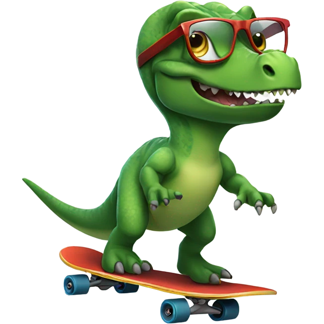Dinosaur riding a skateboard wearing glasses emoji