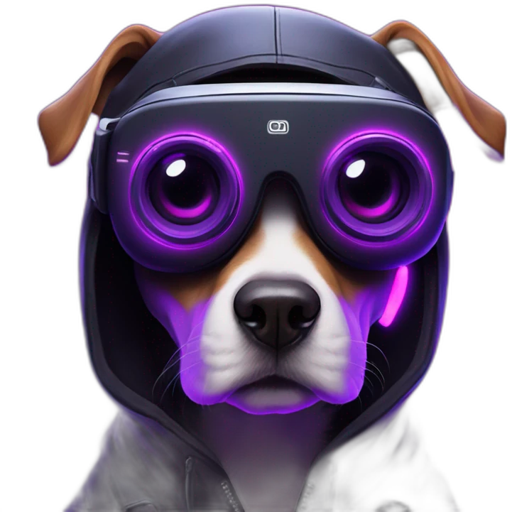funny dog wearing a black hoodie with "OMG" letters on it and VR headset in a cyberpunk VR environment with violet neon lighting. emoji