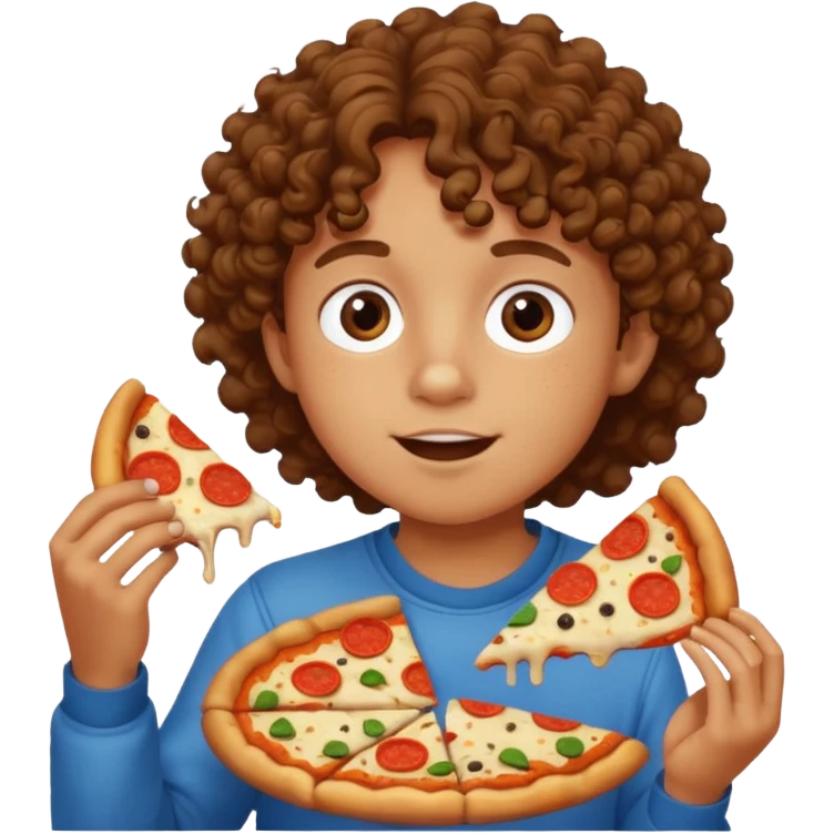 Kid with curly hair eating pizza emoji