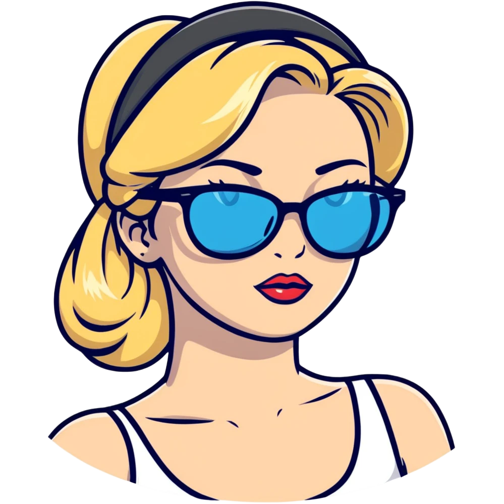 Pretty blonde pinup, with blue eyes, black glasses emoji