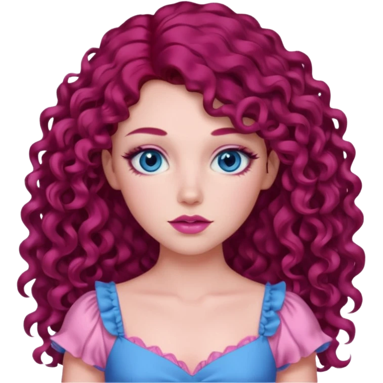 Chappell Roan long dark red curly hair, blue eyes, pink eyeshadow and lip, pink dress emoji