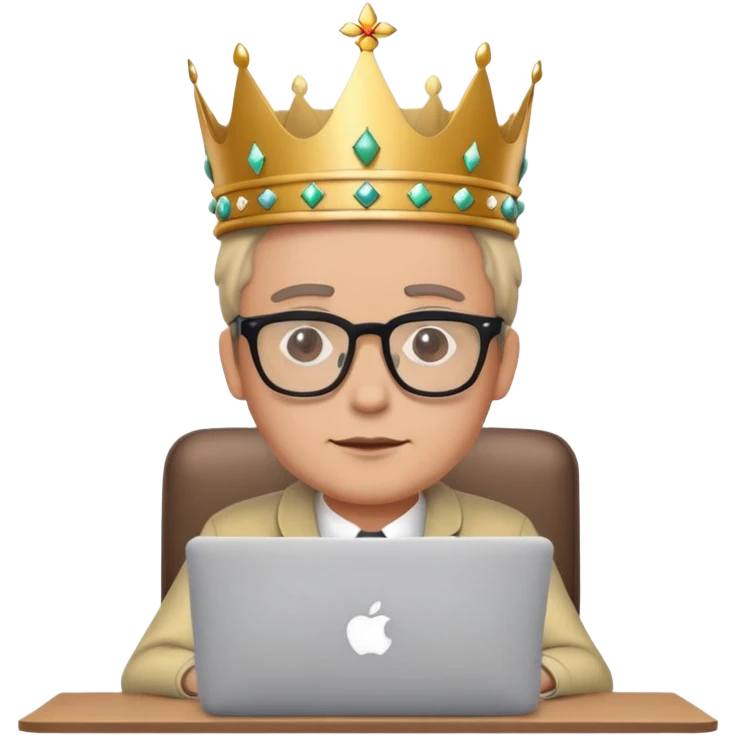 Man in glasses with crown on his head sat at the desk with MacBook  emoji