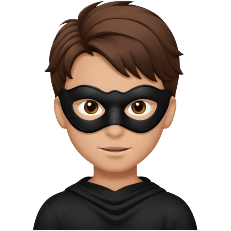 messy hair boy in a sleek black mask, playful eyes showing emoji