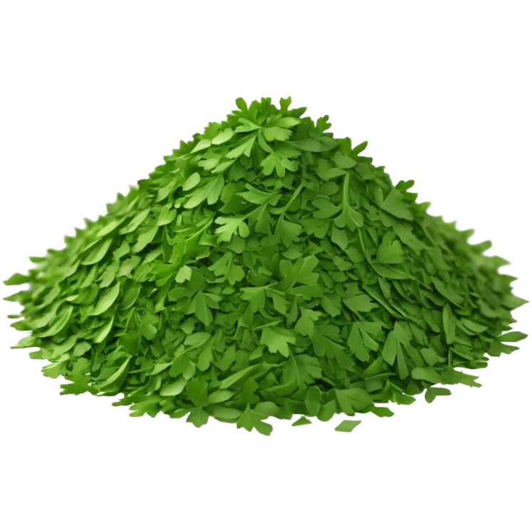 loose scatter of finely crumbled green herb flakes with jagged, flat shapes and a dry, matte texture, color ranges from bright to muted green, evoking dried curly or flat-leaf parsley, soft lighting, subtle shadows, emoji scale emoji