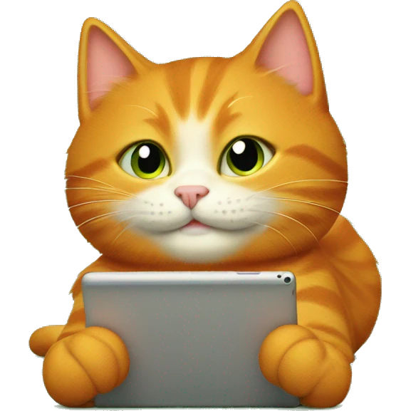 A happy orange cat lies on its back on a green sofa, holding a tablet. emoji