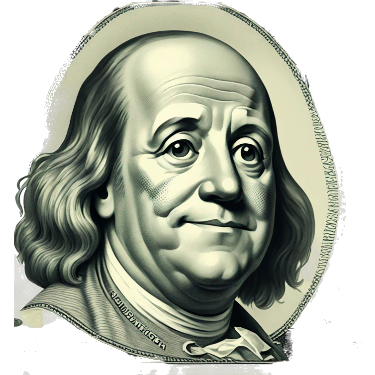 100 dollar bill with Benjamin Franklin making a wink emoji