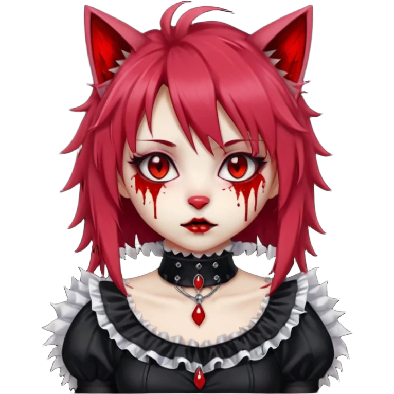 Shiny furry beautiful cute cool gorgeous attractive cute gothic anime cat-girl-lady with bloody hair, bloody lips, bloody face, blood-choker, spiked collar, frills, black dress, red rubies, messy tousled hair  emoji