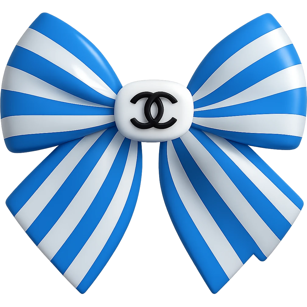 Change the striped bow to blue and white stripes, keep the small white Chanel logo visible, make the bow luxurious and glossy in a 3D emoji style. Remove the background. emoji