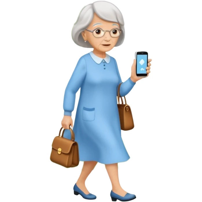 An old lady walking in a park holding a cell phone with a text bubble that says Have you checked in to the meetup? emoji