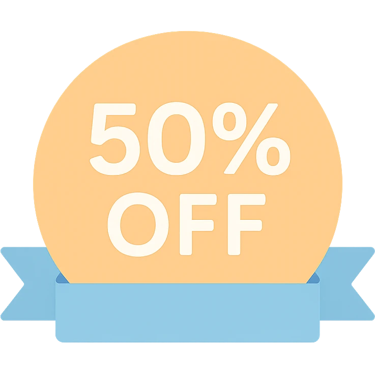Round label with lettering 50% off with ribbon  emoji