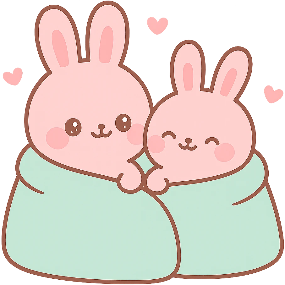 pink bunnies snuggling in blanket emoji
