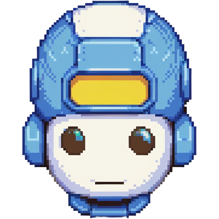 Blue bomberman head only, round helmet with antenna, white face with simple eyes, classic pixel art style emoji