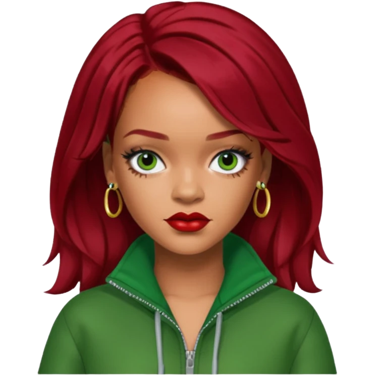 Rihanna dark red hair, green outfit emoji