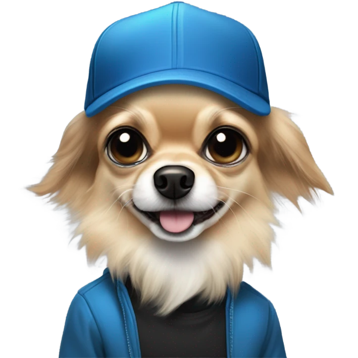 cute all black long haired Chihuahua being held by old blue eyes man with goatee and ball cap emoji