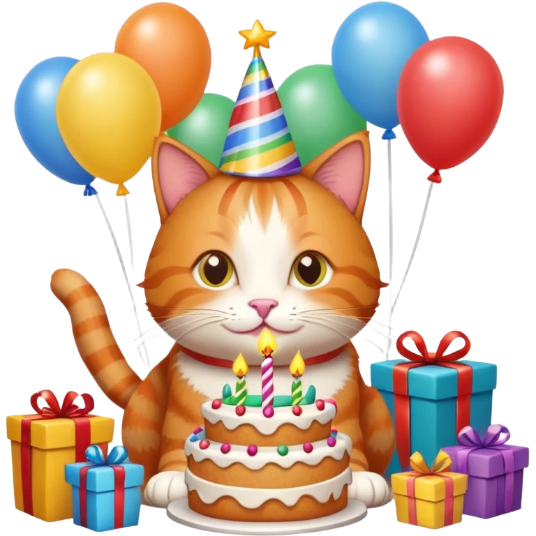 Ginger cat celebrates birthday, birthday hat, birthday cake, balloons, happy, gifts emoji