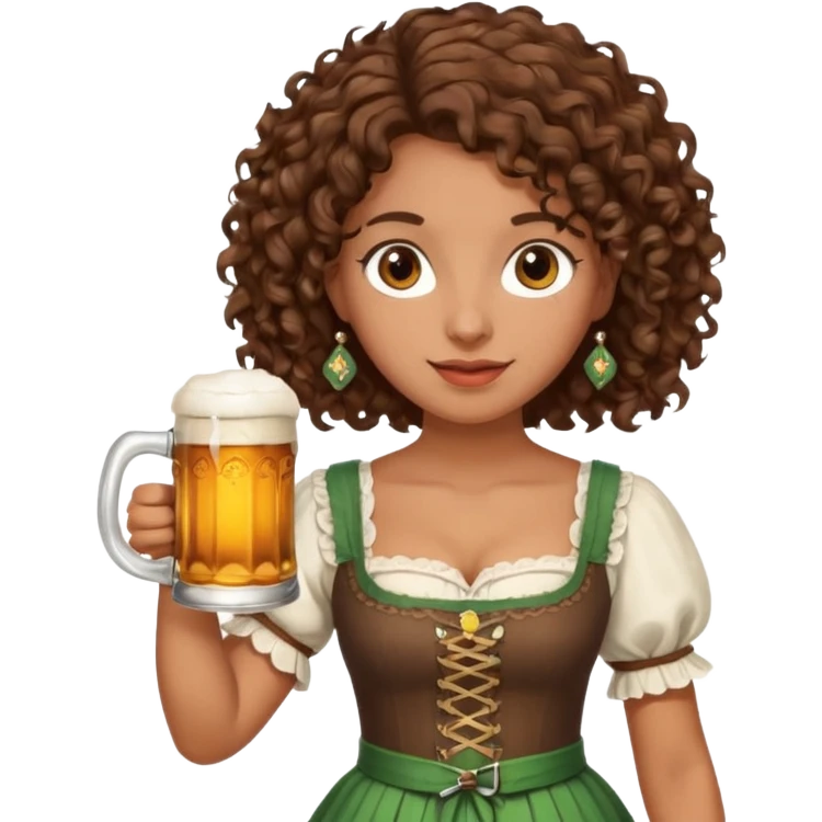 A woman with brown, shoulder-length curly hair and brown eyes she is wearing a dirndl and holding a beer stein emoji