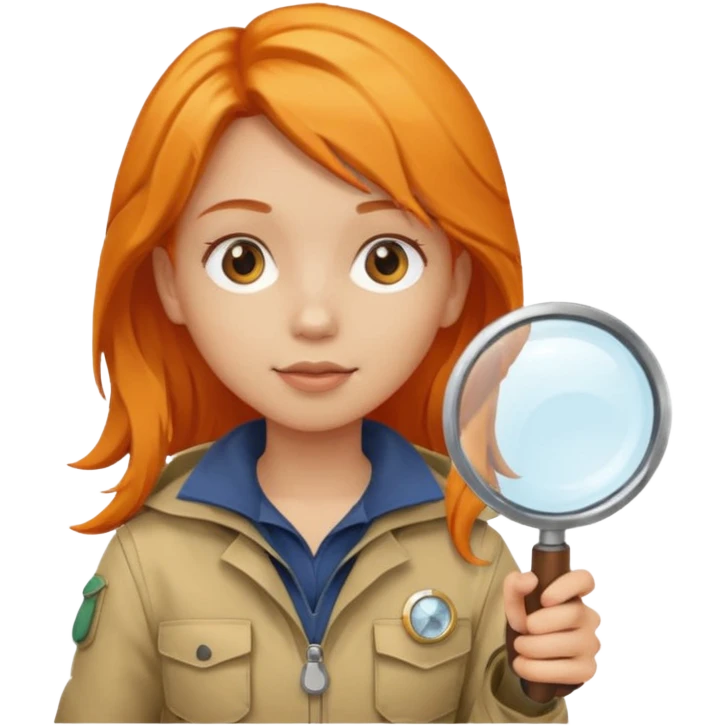 braid orange haired girl in explorer outfit, holding magnifying glass emoji
