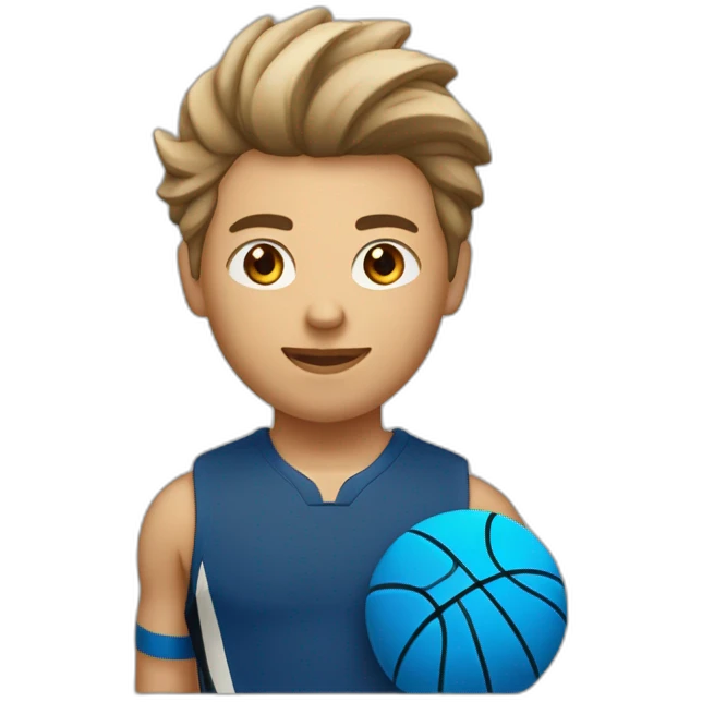 Un adolescent beige avec les cheveux brun qui joue au basket avec un maillot bleu avec écrit 14 dessus dans le style de IOS emoji