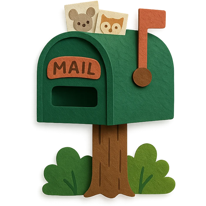 forest mailbox with tiny animal letters, cozy woodland theme, paper-craft style emoji